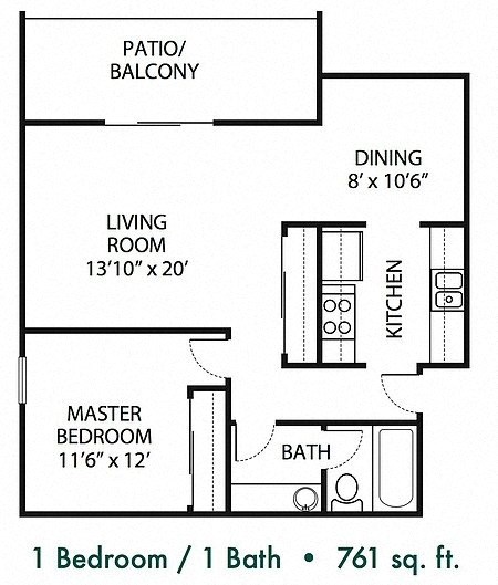 Floor plan for 1 bed, 1 bath, 761 sqft